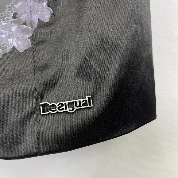 Desigual Black Satin Trench Coat Floral Hem EU 44 US 10/12‎ - Picture 4 of 16